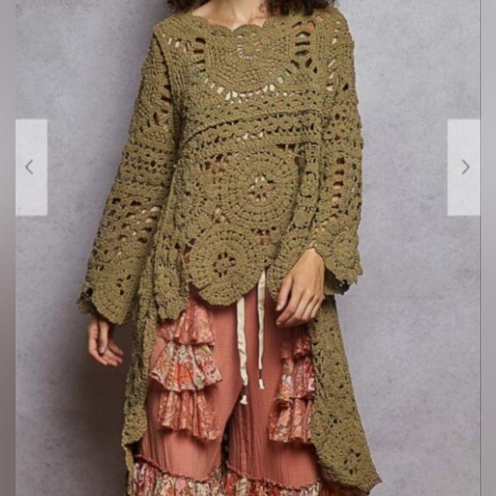 068.Long Sleeve roomy fit sweater in chenille with varied crochet patterns.